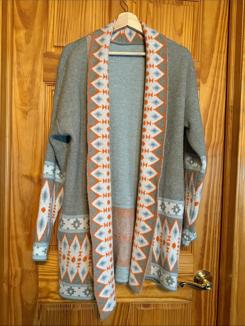 Cozy Gray & Orange Tribal Open-Front Cardigan